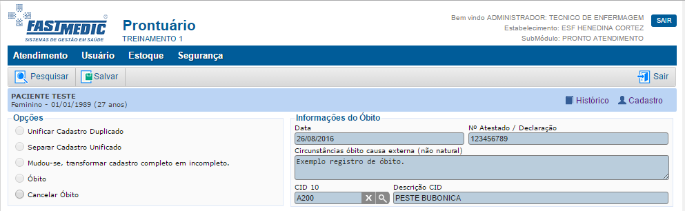 Gerenciamento de Cadastro de Usuário Óbito